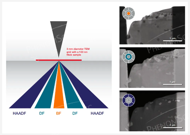 明場(chǎng)（BF）、暗場(chǎng)（DF）和高角度環(huán)形暗場(chǎng)（HAADF）成像示意圖和成像對(duì)比圖