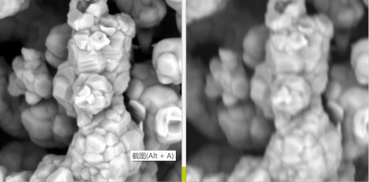 電極材料,，掃描電鏡放大倍數(shù) 50000 倍,，左邊圖像無像散，右邊圖片有像散